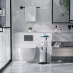 Free-Standing Toilet Paper Holder with Shelf | Rustproof Metal Bathroom Organizer, Black 1