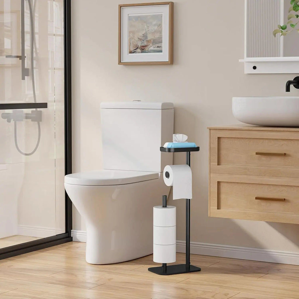 Free-Standing Toilet Paper Holder with Shelf | Rustproof Metal Bathroom Organizer, Black 2