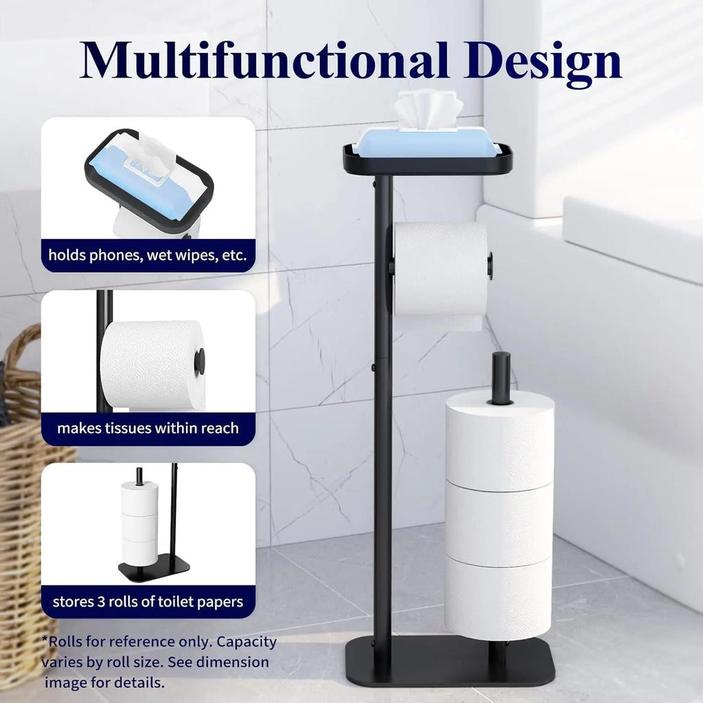 Free-Standing Toilet Paper Holder with Shelf | Rustproof Metal Bathroom Organizer, Black 3