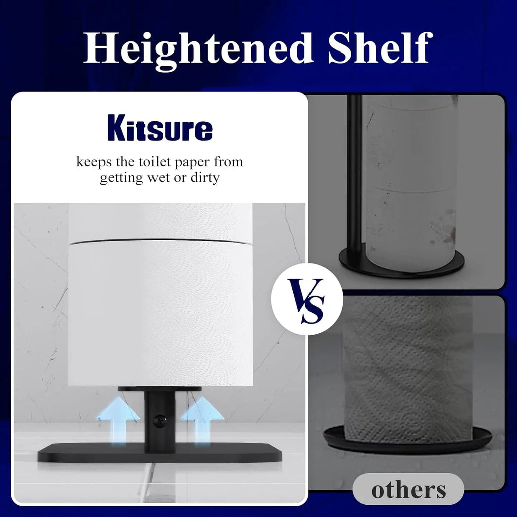 Free-Standing Toilet Paper Holder with Shelf | Rustproof Metal Bathroom Organizer, Black 4
