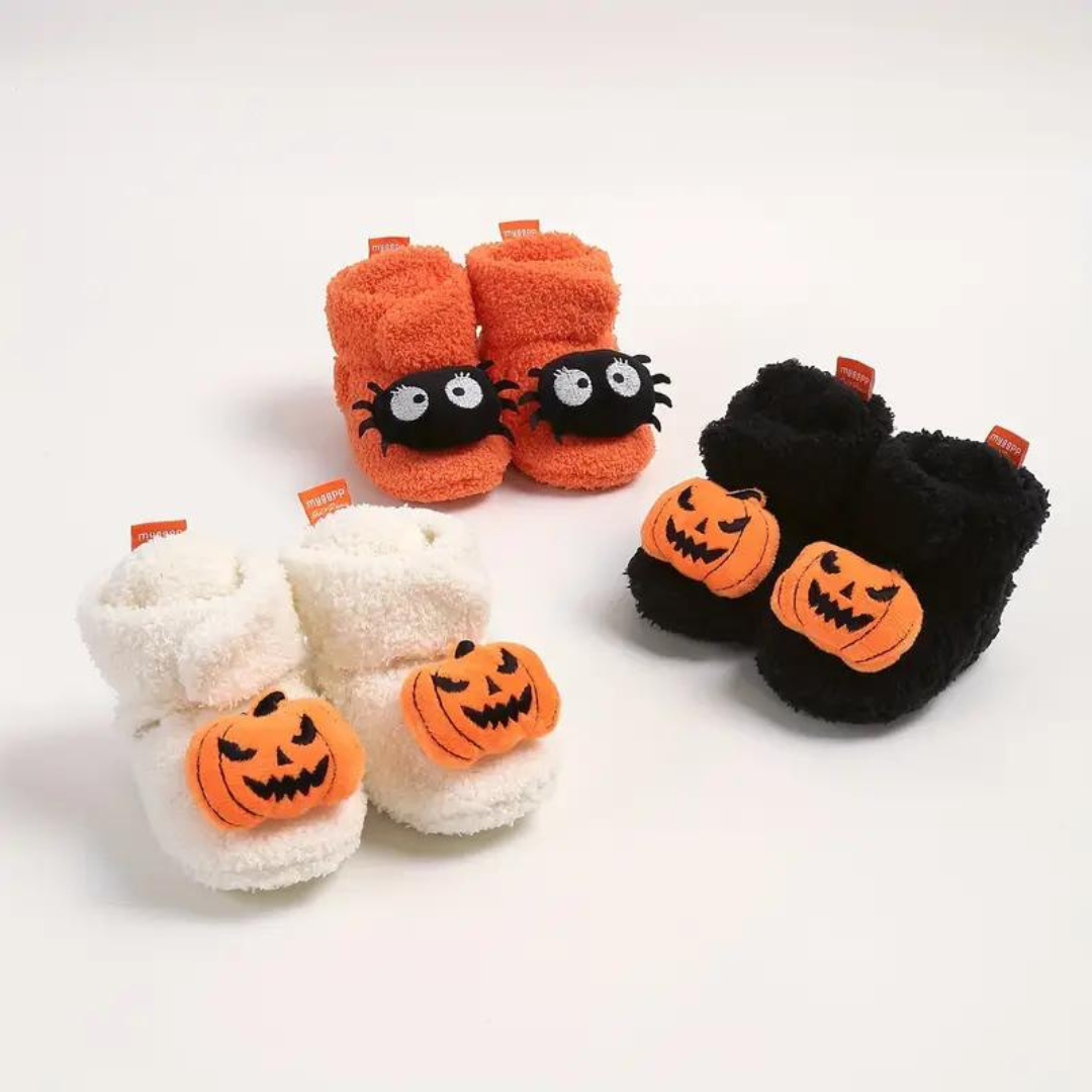 FrightFeet Kinder Sloffen Halloween – Warme Fleece Slofjes met Pompoen & Spinnen voor Herfst & Winter 2