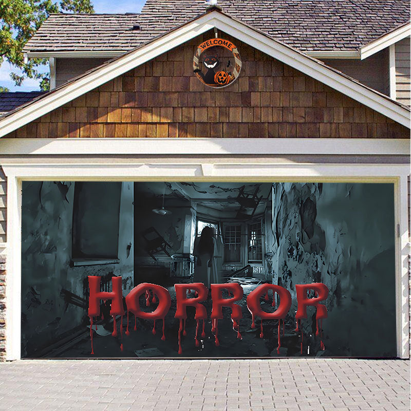 Halloween Garagedeur Decoratie Spookachtige Bedrukking Schaduwdoek Herbruikbaar Horror Sfeer Doek Waterdicht Buiten Feestversiering | Sansoti 22