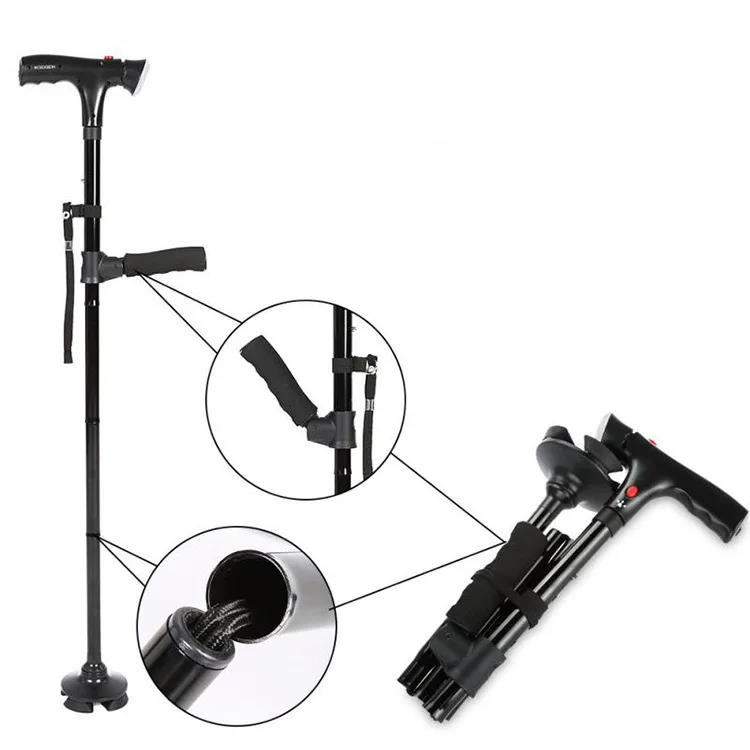 Folding Walking Cane – Adjustable Walking Stick with LED Light & Quad Base