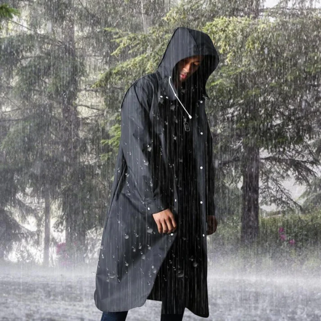 Men's Long Waterproof Raincoat with Adjustable Hood, Breathable Black Jacket 1