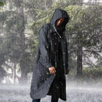 Men's Long Waterproof Raincoat with Adjustable Hood, Breathable Black Jacket 1