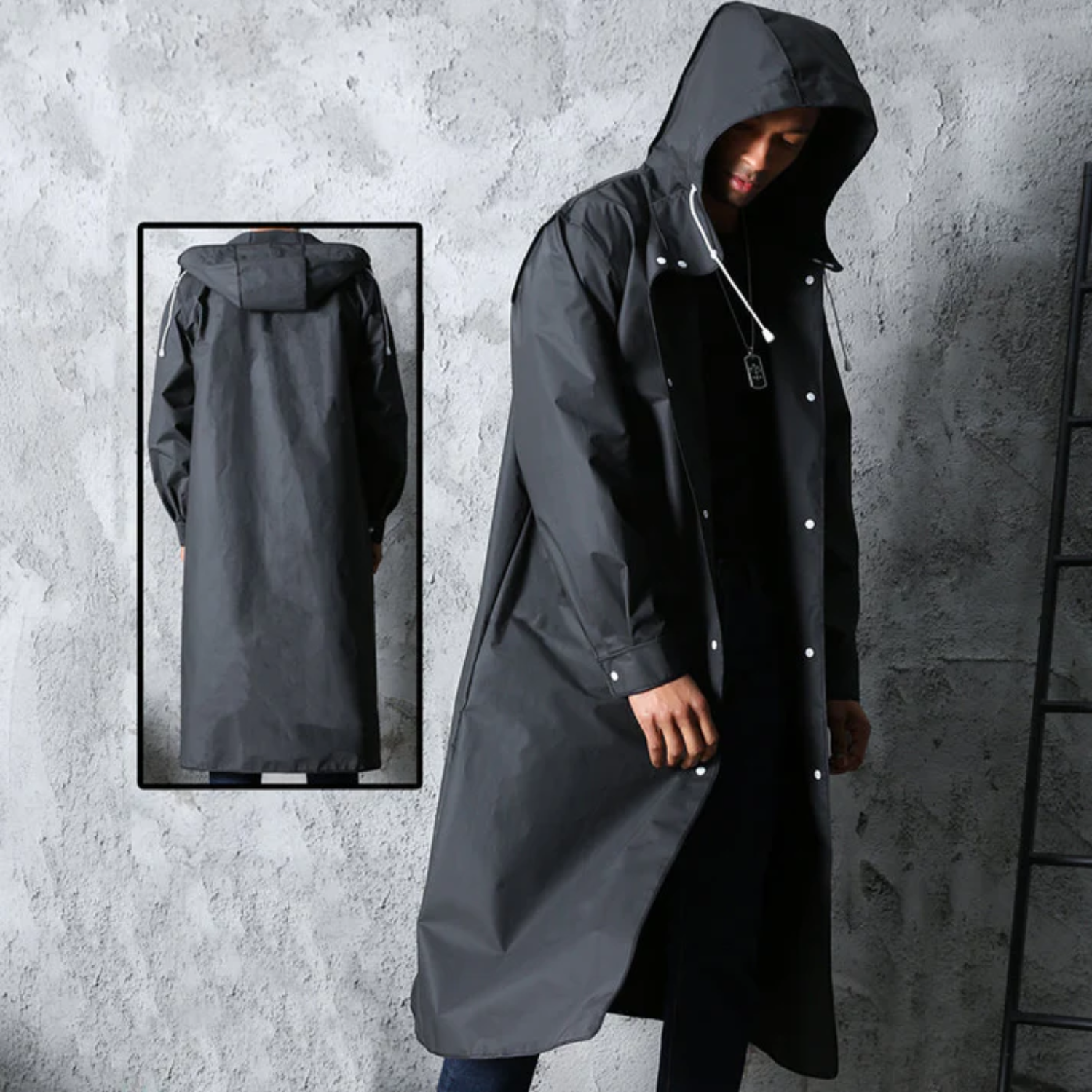 Men's Long Waterproof Raincoat with Adjustable Hood, Breathable Black Jacket 2