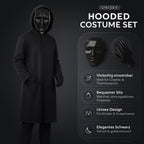 Mysterieus Kapuzenkostuum Zwart met Masker & Handschoenen Unisex Halloween Cosplay Party Outfit voor Kinderen & Volwassenen | Sansoti 2