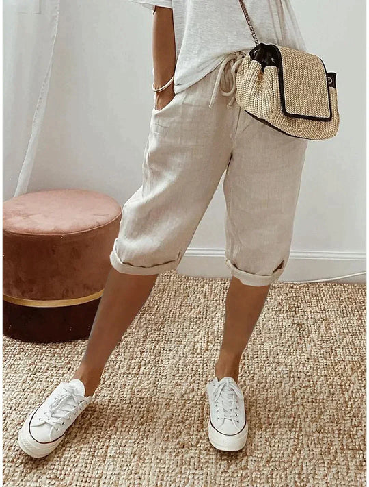 Niki | Women's Cropped Linen Drawstring Pants - Relaxed Fit 0