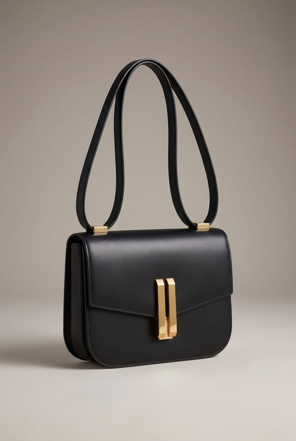 Obsidian Form | Structured Black Leather Shoulder Bag with Gold Clasp 0