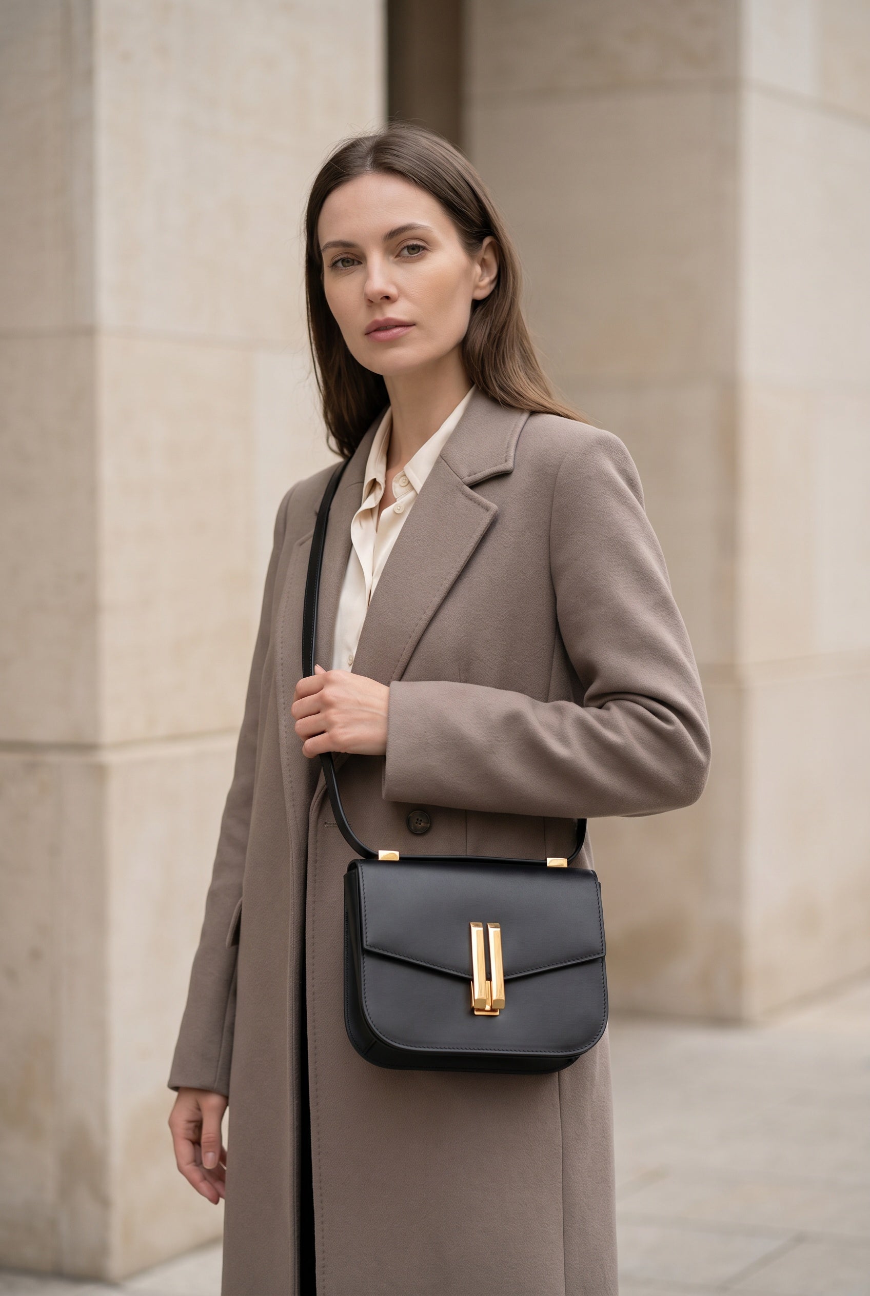 Obsidian Form | Structured Black Leather Shoulder Bag with Gold Clasp 5