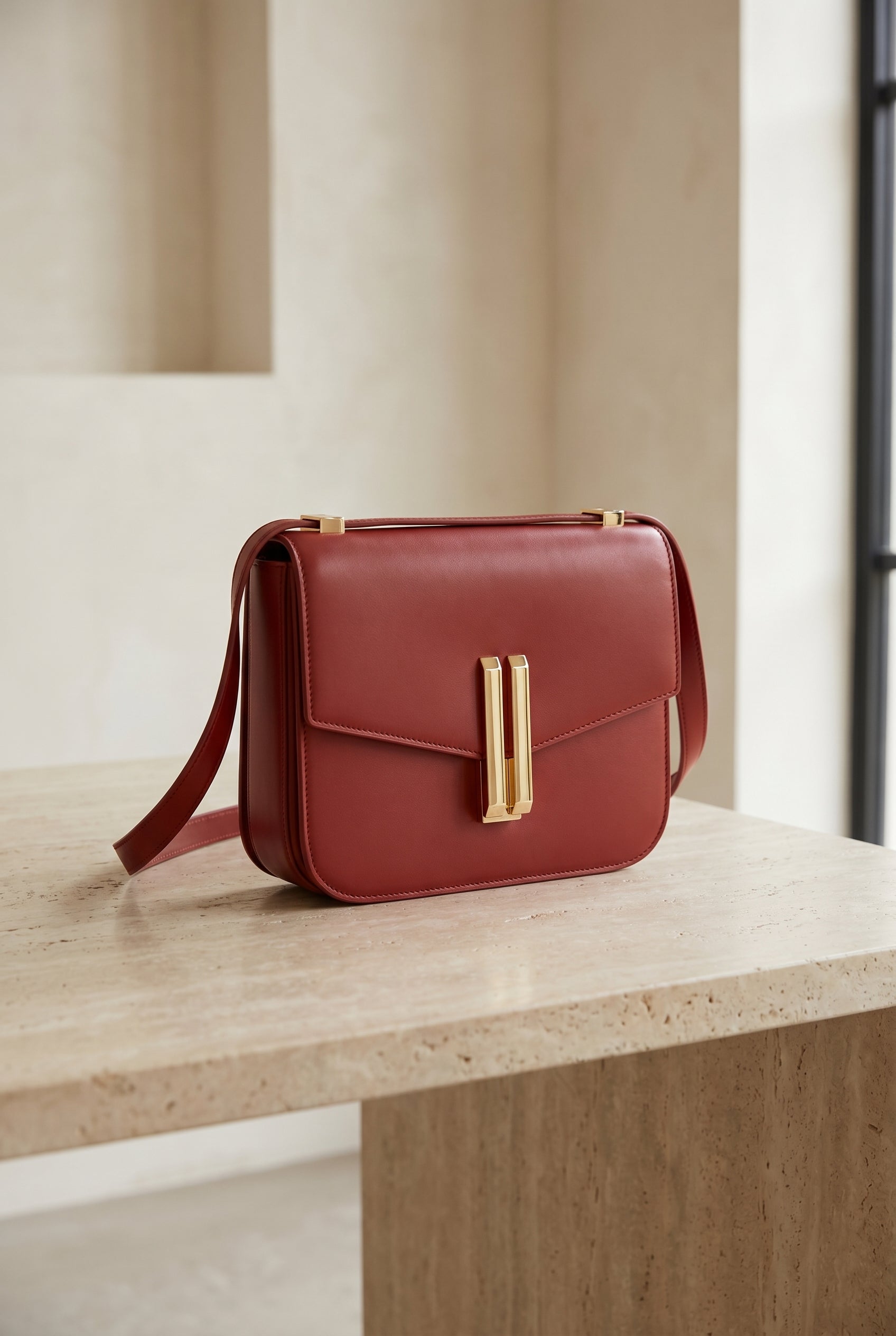 Obsidian Form | Structured Black Leather Shoulder Bag with Gold Clasp 8