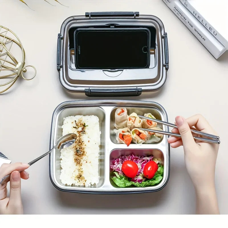 Stainless Steel Bento Box – 1.5L Lunch Box with 4 Compartments & Cutlery