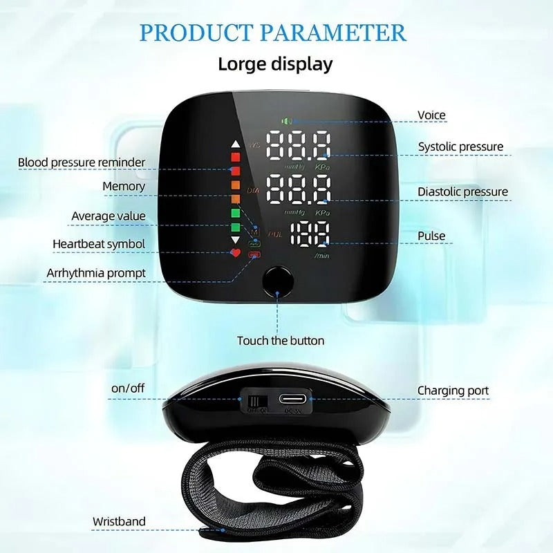 Smart Wrist Blood Pressure Monitor with Voice Alerts and USB Rechargeable Battery 3