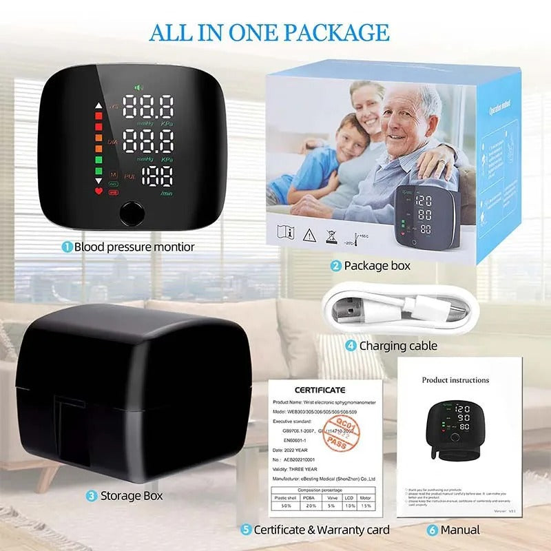 Smart Wrist Blood Pressure Monitor with Voice Alerts and USB Rechargeable Battery 5