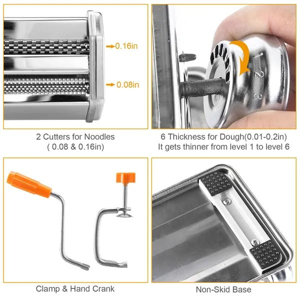 Stainless Steel Pasta & Noodle Maker Machine — Adjustable Thickness, Fettuccine & Spaghetti 4