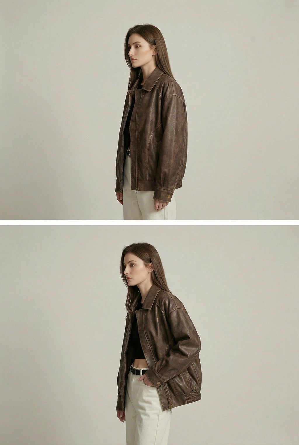 Vega Noir | Oversized Faux Leather Jacket with Vintage Brown Finish 2