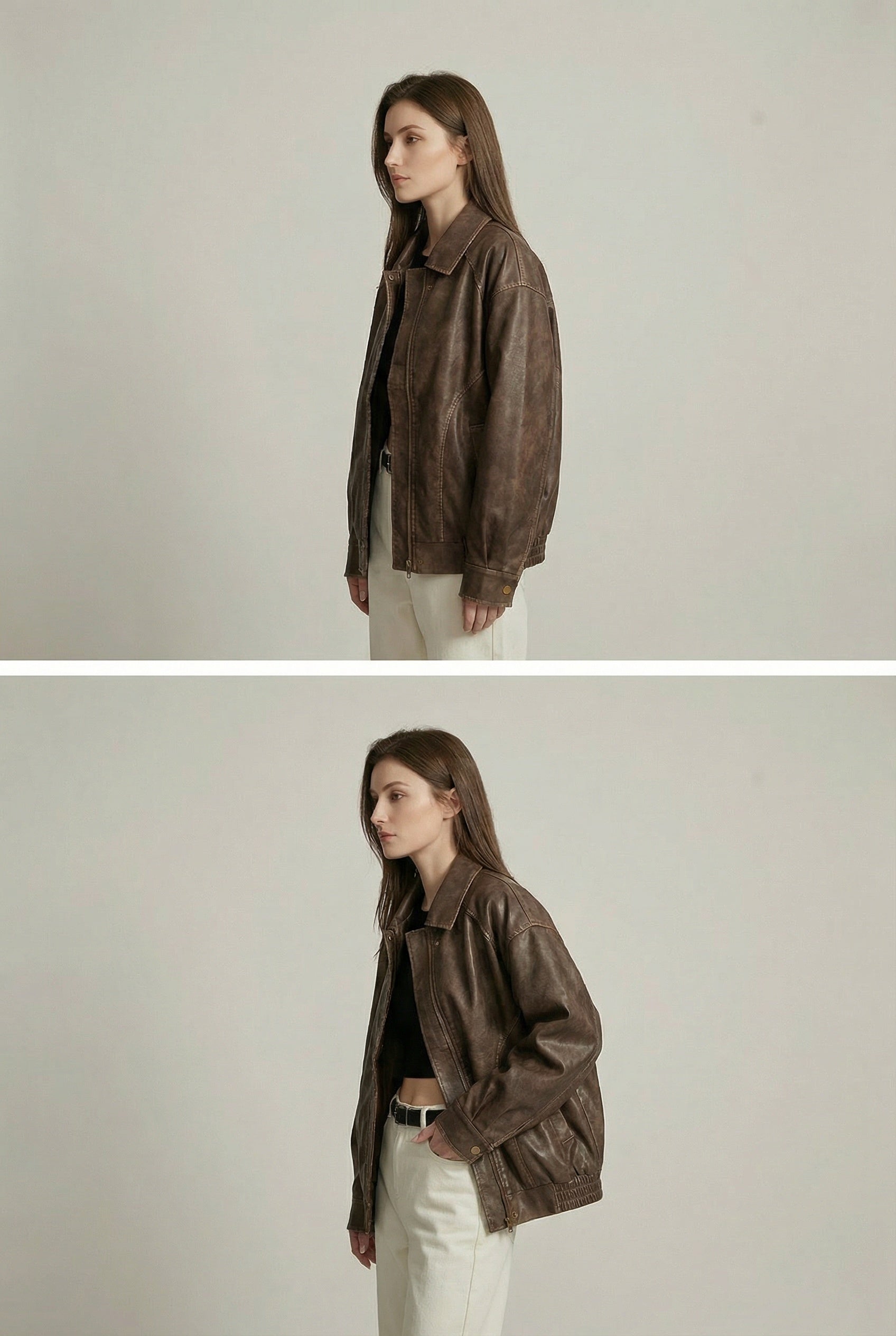 Vega Noir | Oversized Faux Leather Jacket with Vintage Brown Finish 2