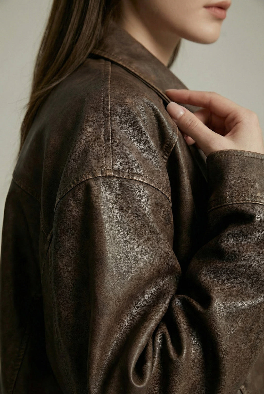 Vega Noir | Oversized Faux Leather Jacket with Vintage Brown Finish 3
