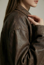 Vega Noir | Oversized Faux Leather Jacket with Vintage Brown Finish 3