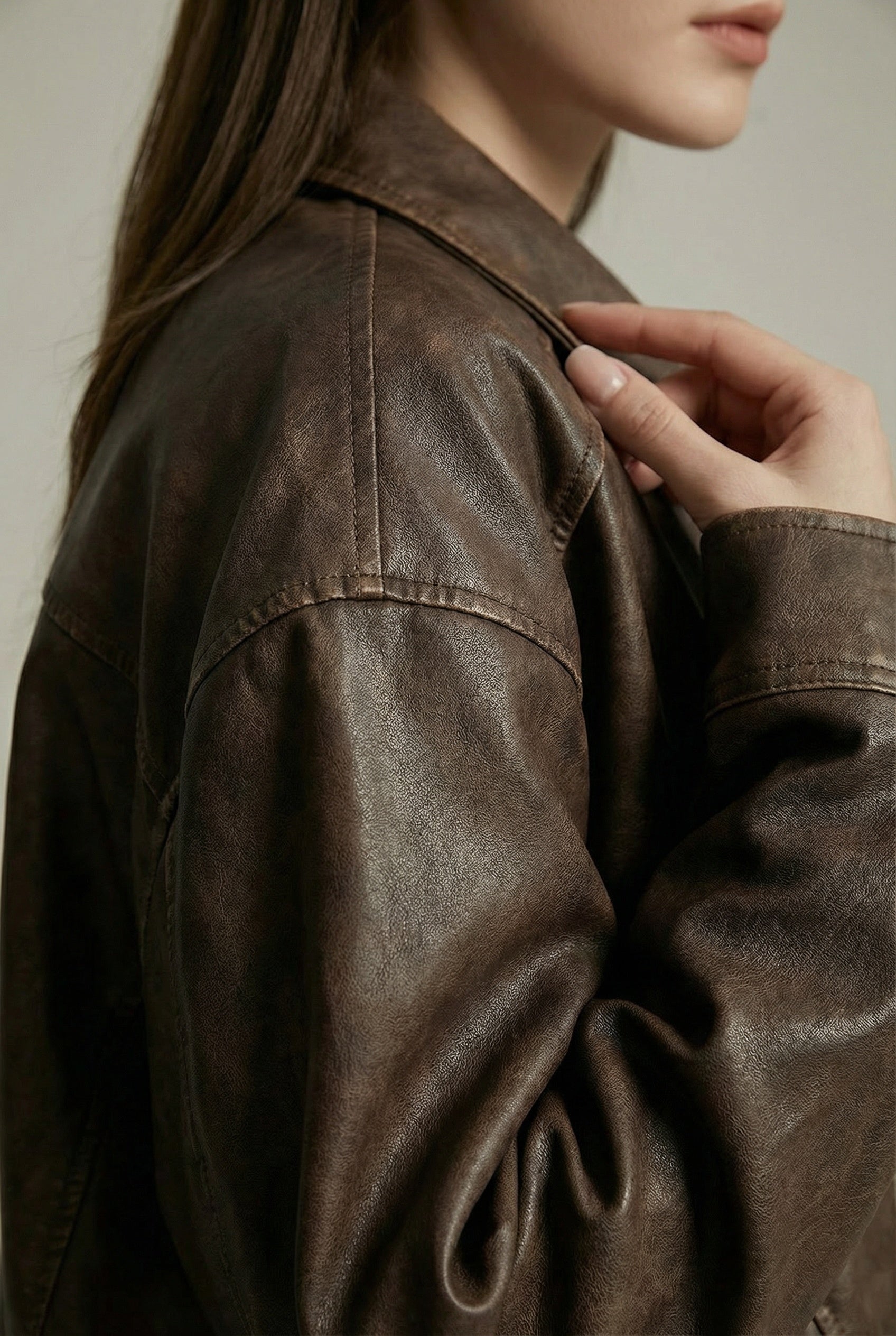 Vega Noir | Oversized Faux Leather Jacket with Vintage Brown Finish 3