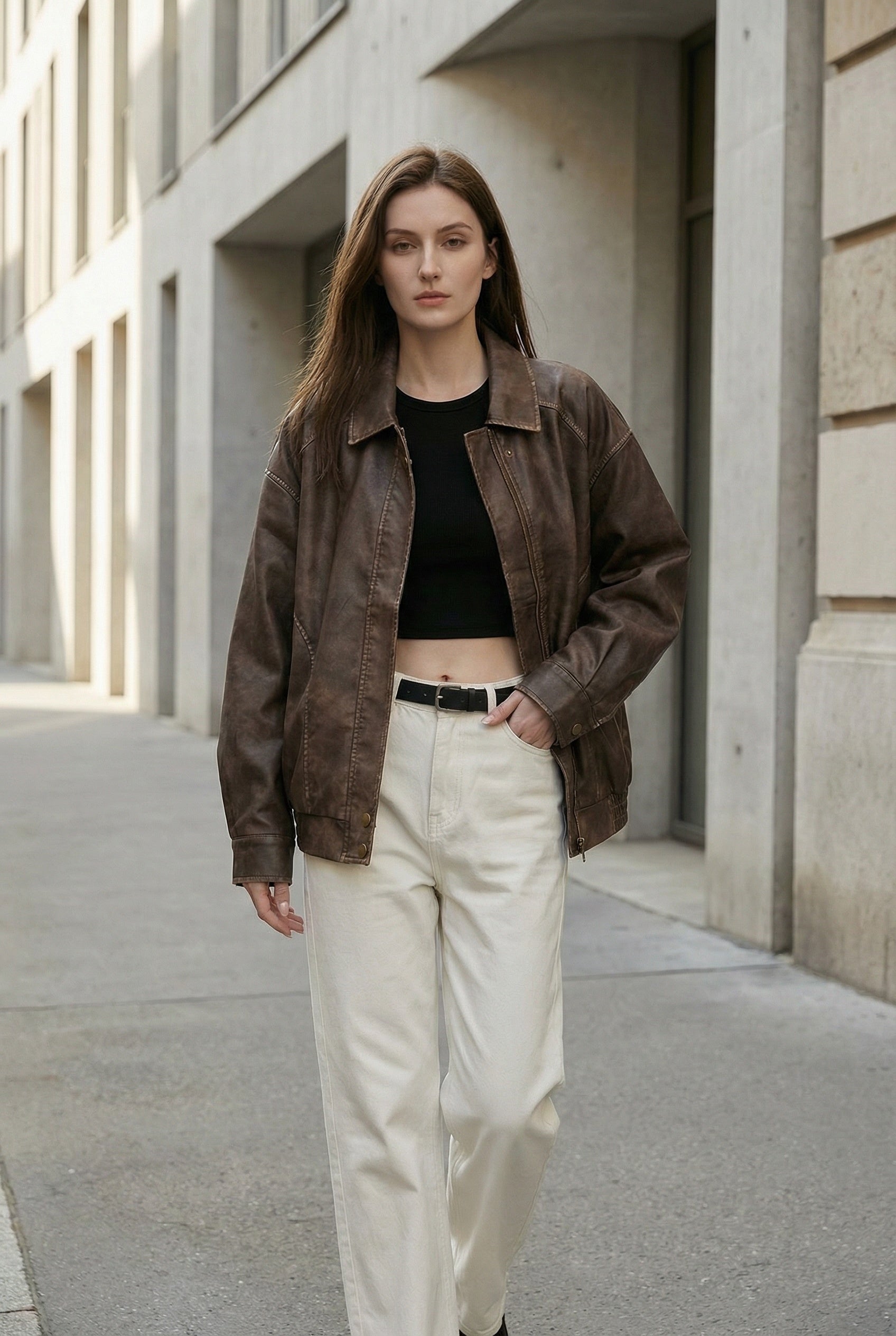 Vega Noir | Oversized Faux Leather Jacket with Vintage Brown Finish 4