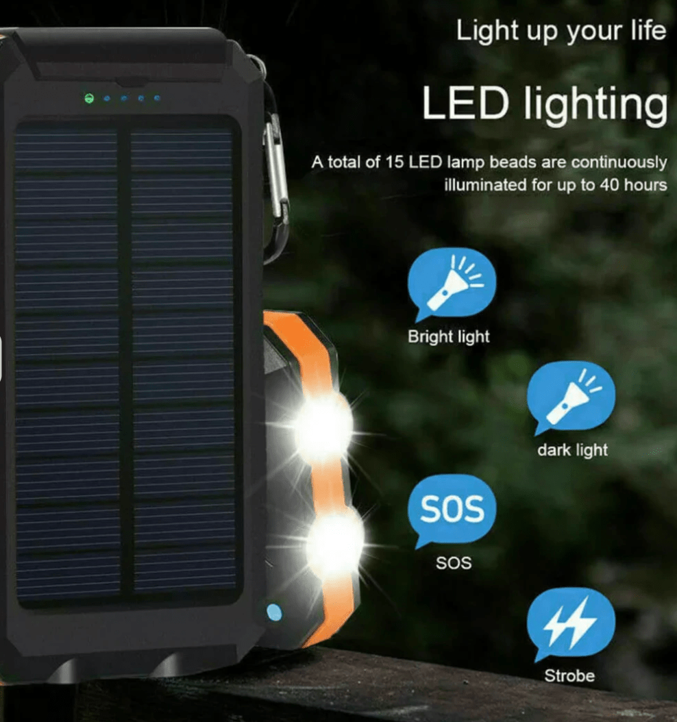 Waterdichte zonne-energie powerbank van 500.000 mAh met dubbele USB-poorten en LED-zaklamp. 3