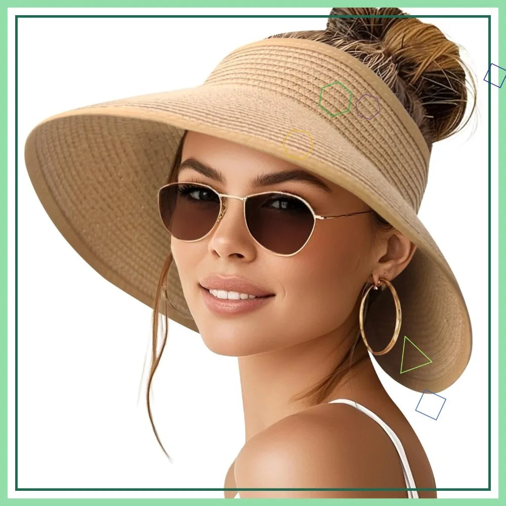 Wide Brim Straw Beach Hat for Women | UPF 50+ Packable Floppy Sun Hat with Ponytail Hole 0