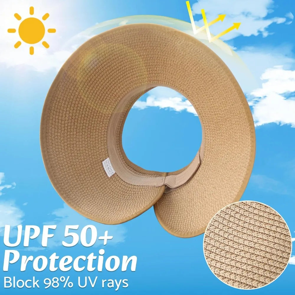 Wide Brim Straw Beach Hat for Women | UPF 50+ Packable Floppy Sun Hat with Ponytail Hole 1