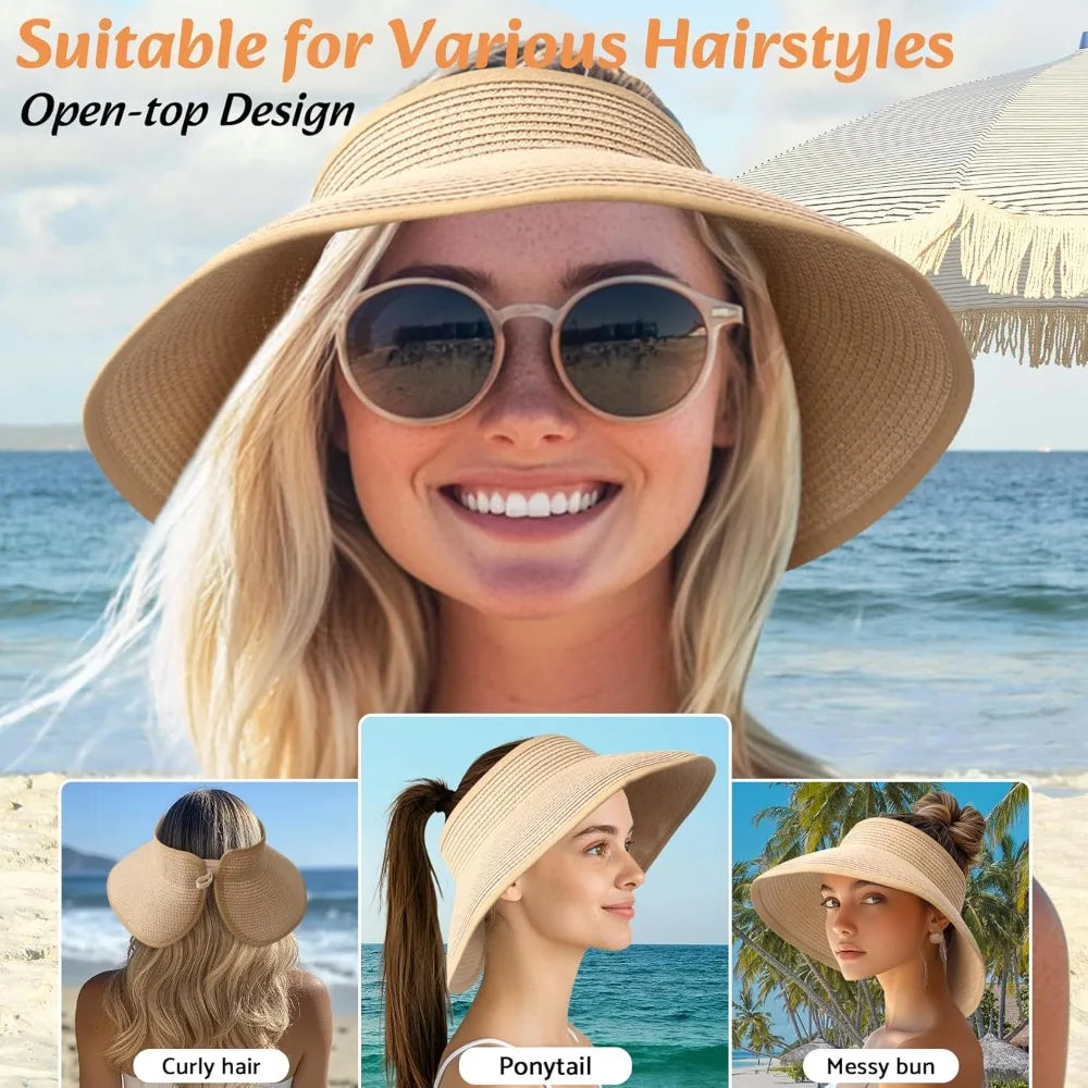 Wide Brim Straw Beach Hat for Women | UPF 50+ Packable Floppy Sun Hat with Ponytail Hole 2