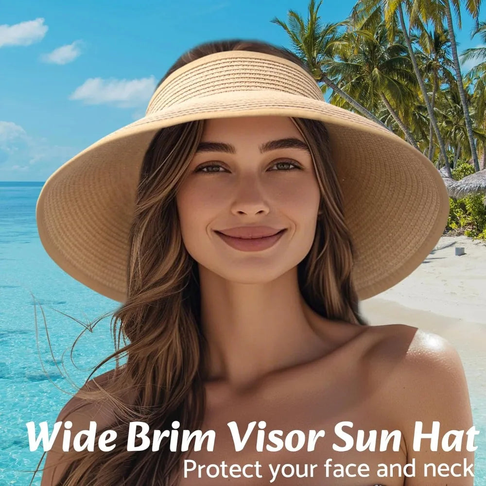 Wide Brim Straw Beach Hat for Women | UPF 50+ Packable Floppy Sun Hat with Ponytail Hole 3