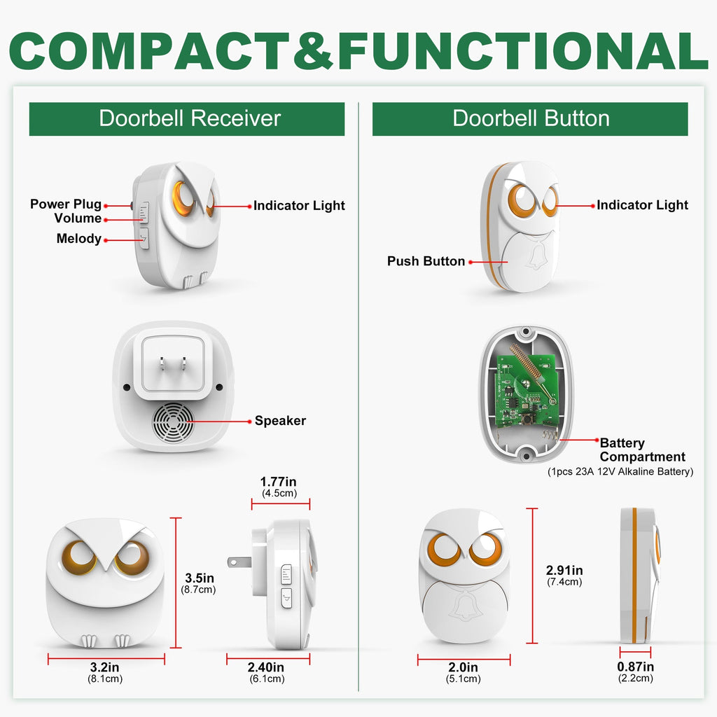 Wireless Owl Doorbell | Waterproof Long-Range Music Door Bell, Battery Powered (Black & White) 5