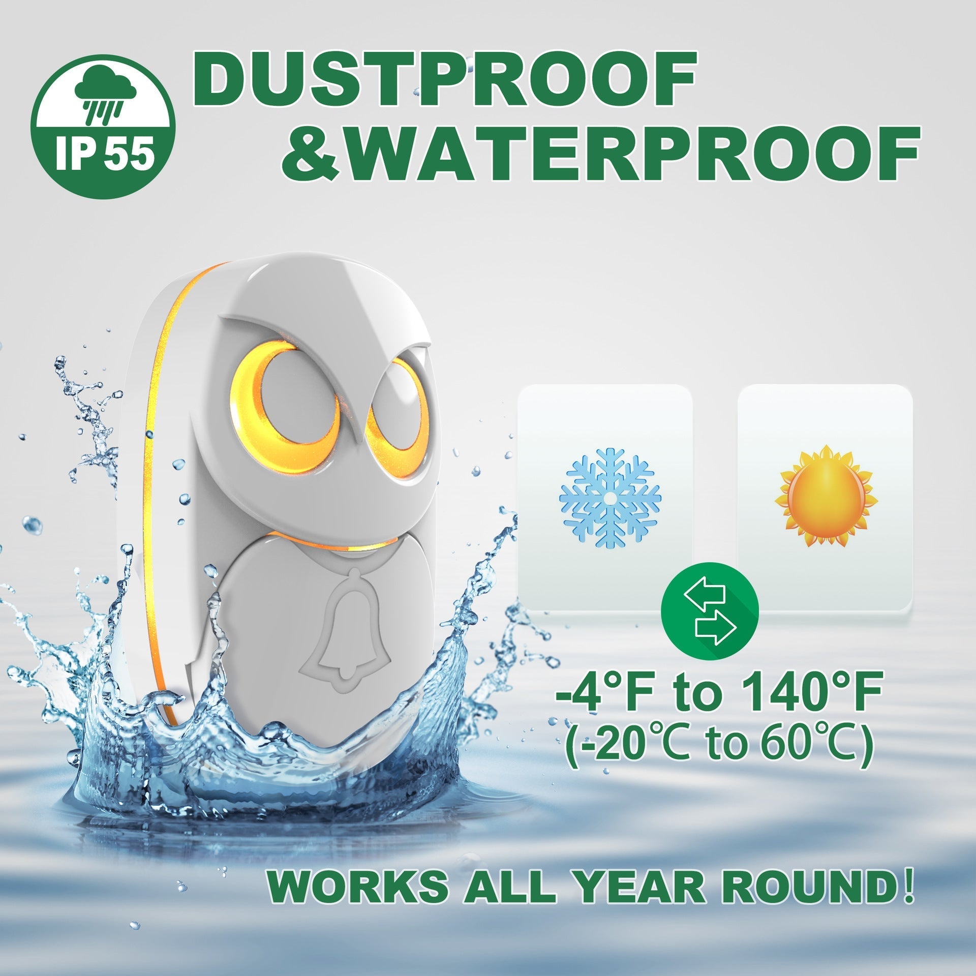 Wireless Owl Doorbell | Waterproof Long-Range Music Door Bell, Battery Powered (Black & White) 6