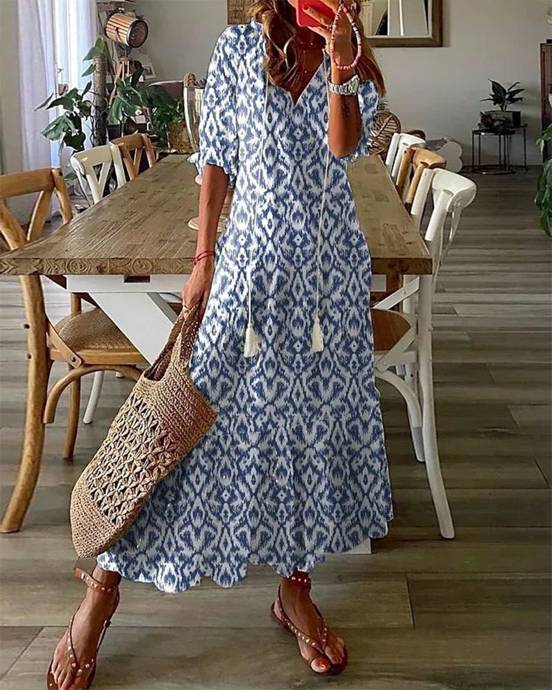 Women's Flowy A-Line Geometric Print Lantern Sleeves Summer Dresses 1