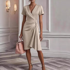 Women's Summer Midi Dress with V-Neckline, Draping, and Short Sleeves 1