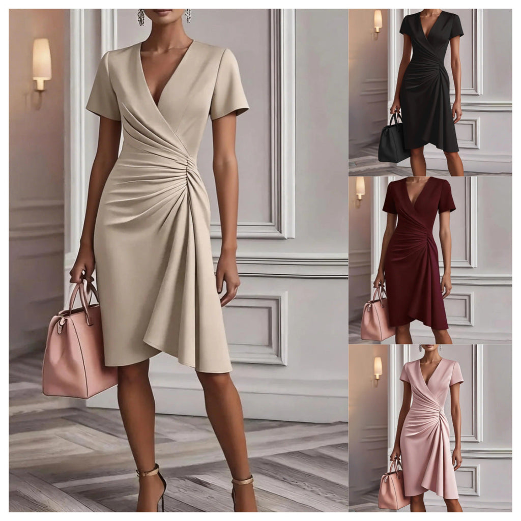 Women's Summer Midi Dress with V-Neckline, Draping, and Short Sleeves 5