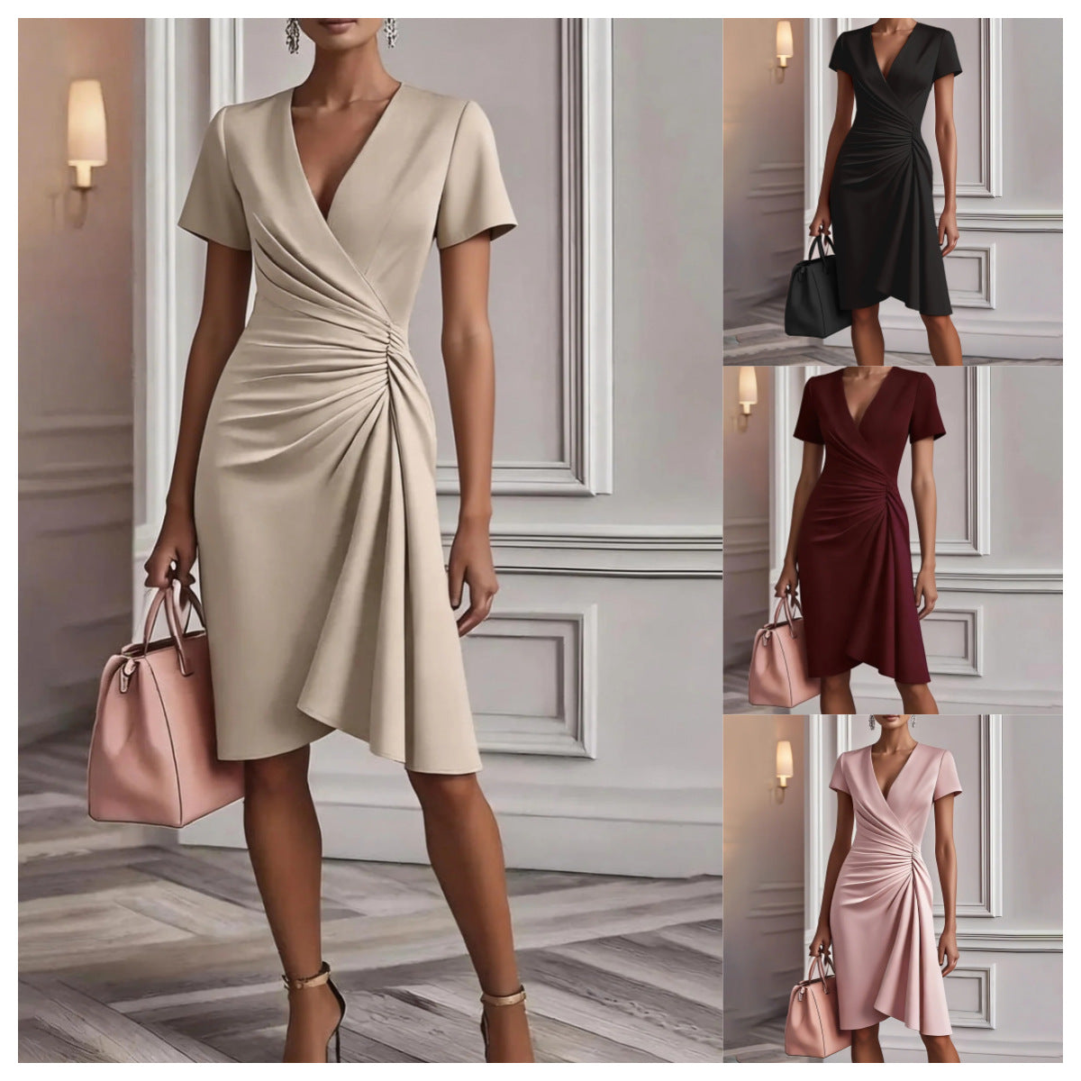 Women's Summer Midi Dress with V-Neckline, Draping, and Short Sleeves 5