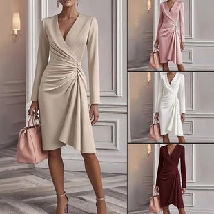 Women's V-Neck Midi Dress with Draping and Long Sleeves for Spring Events 5