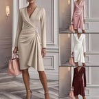 Women's V-Neck Midi Dress with Draping and Long Sleeves for Spring Events 5