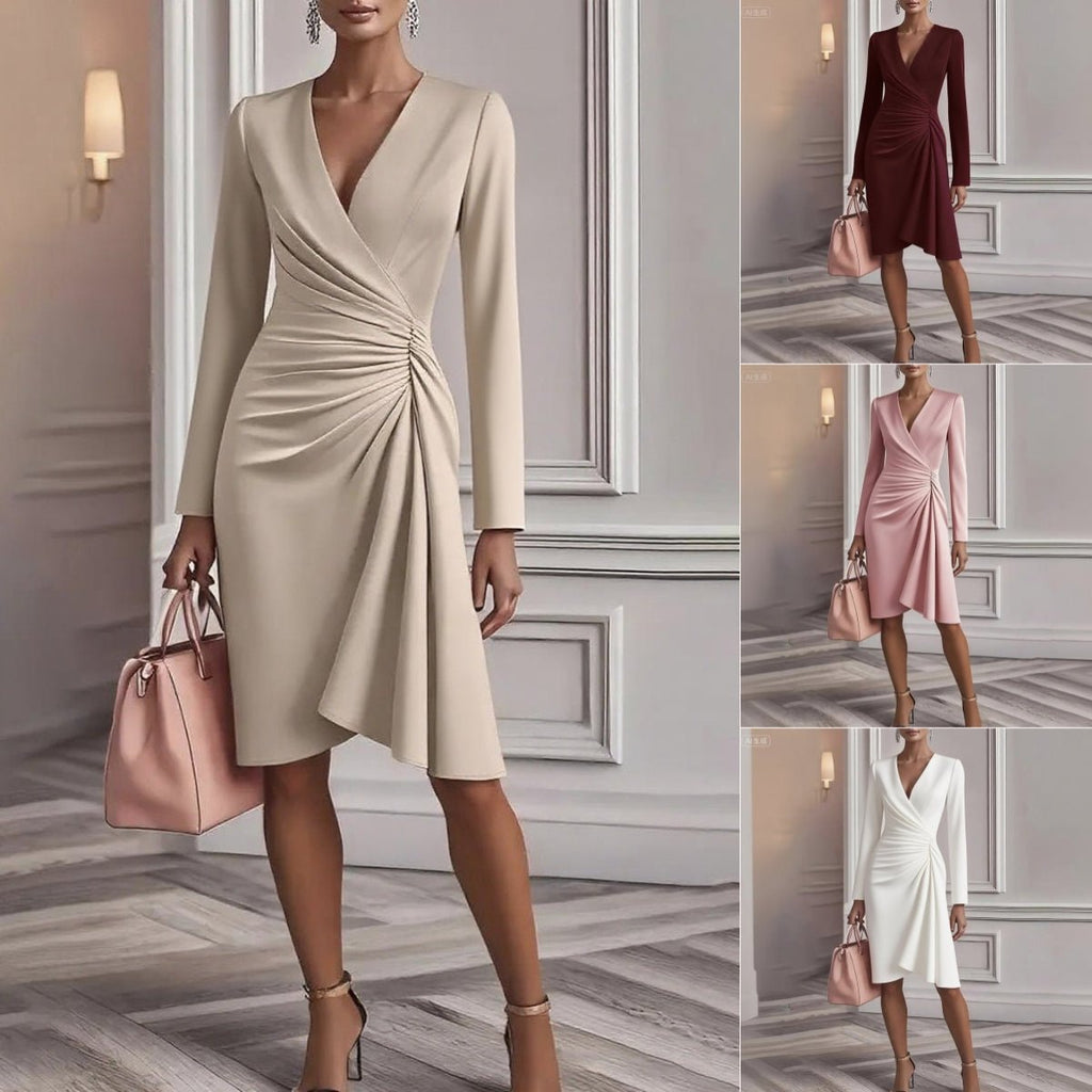 Women's V-Neck Midi Dress with Draping and Long Sleeves for Spring Events 6