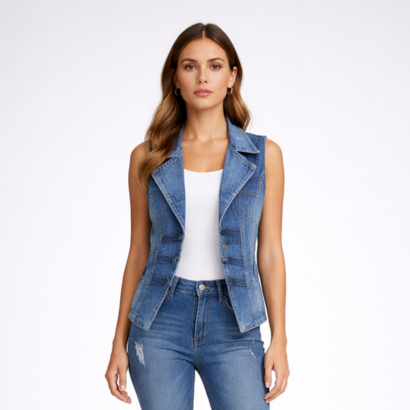 Women’s sleeveless denim vest with tailored fit, lapel collar, and buttons 0