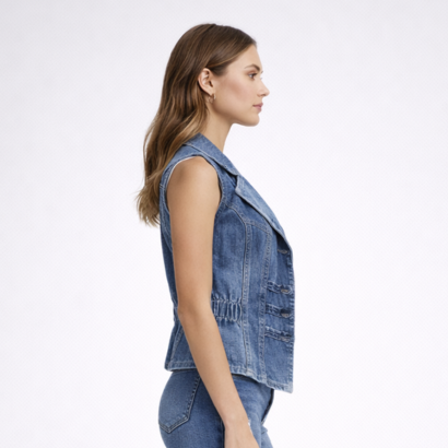 Women’s sleeveless denim vest with tailored fit, lapel collar, and buttons 2