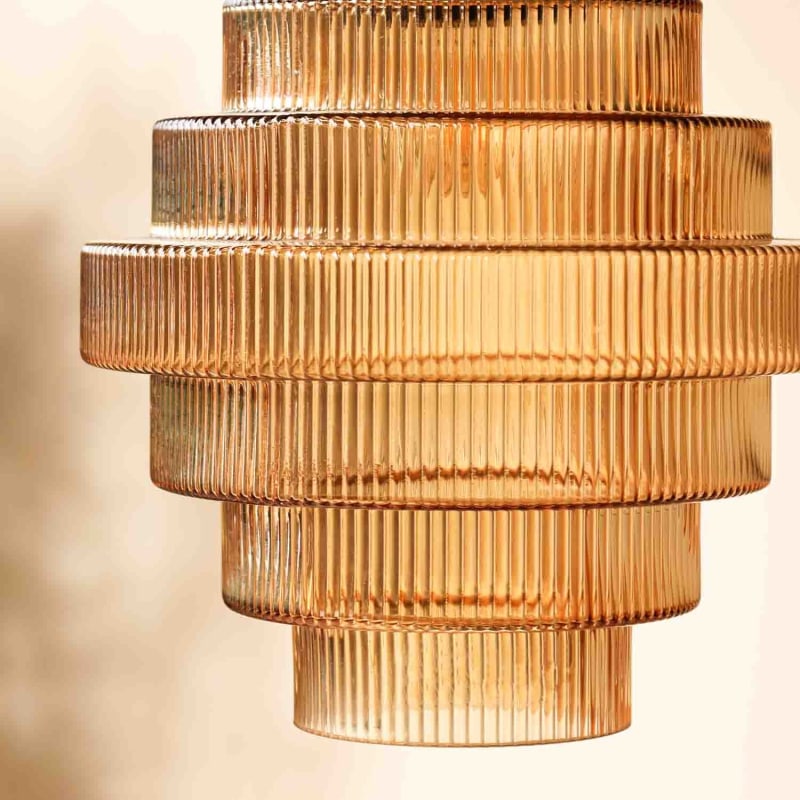 Ribbed Glass Pendant Light – Tiered Hanging Ceiling Lamp with Brass-Tone Finish