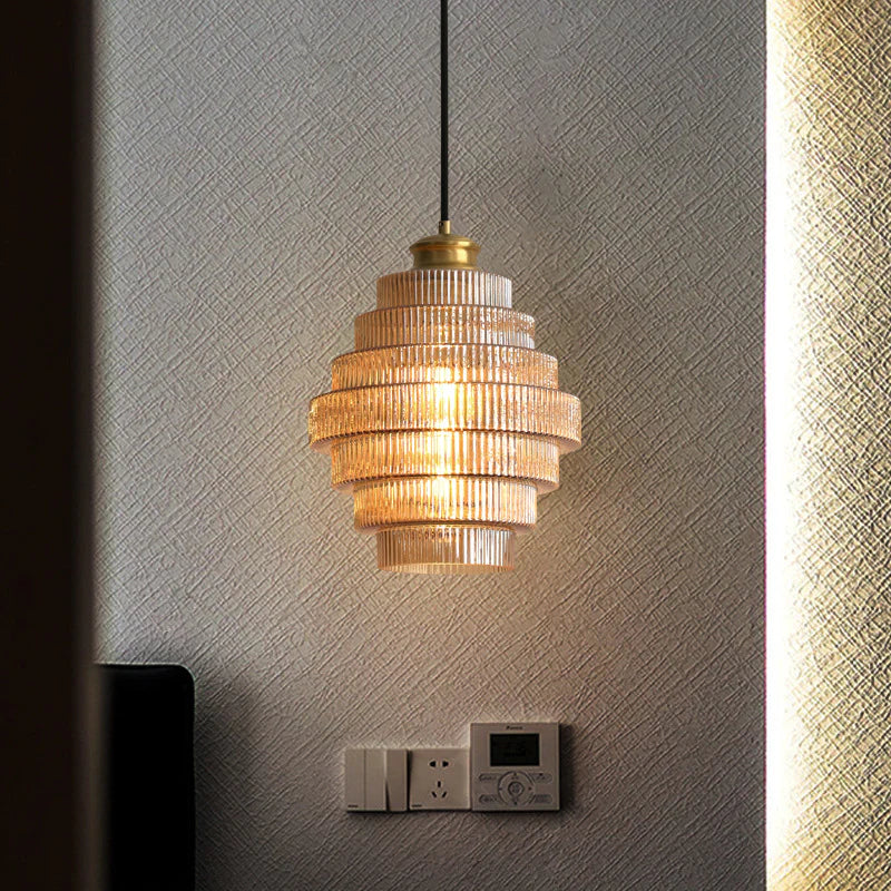 Ribbed Glass Pendant Light – Tiered Hanging Ceiling Lamp with Brass-Tone Finish