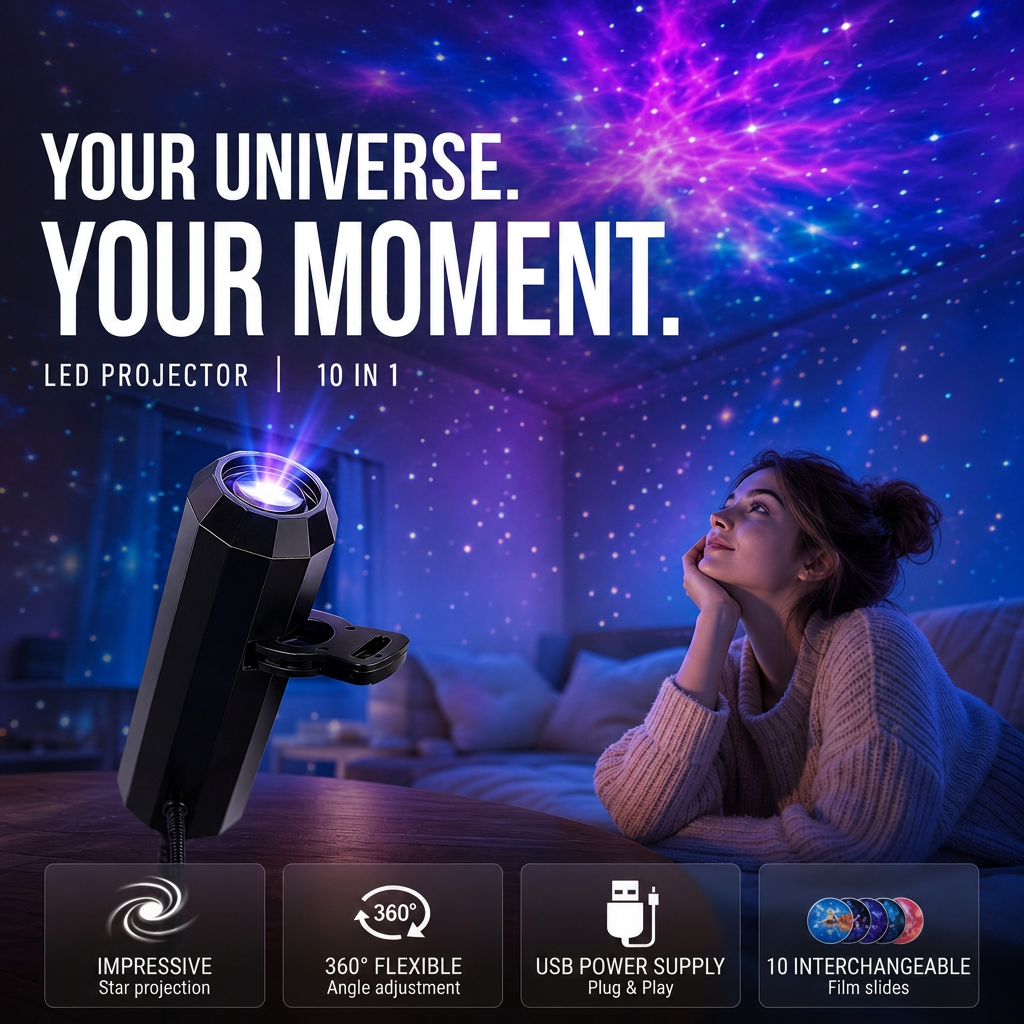 Star Projector USB – LED Galaxy Lamp with 10 Interchangeable Discs