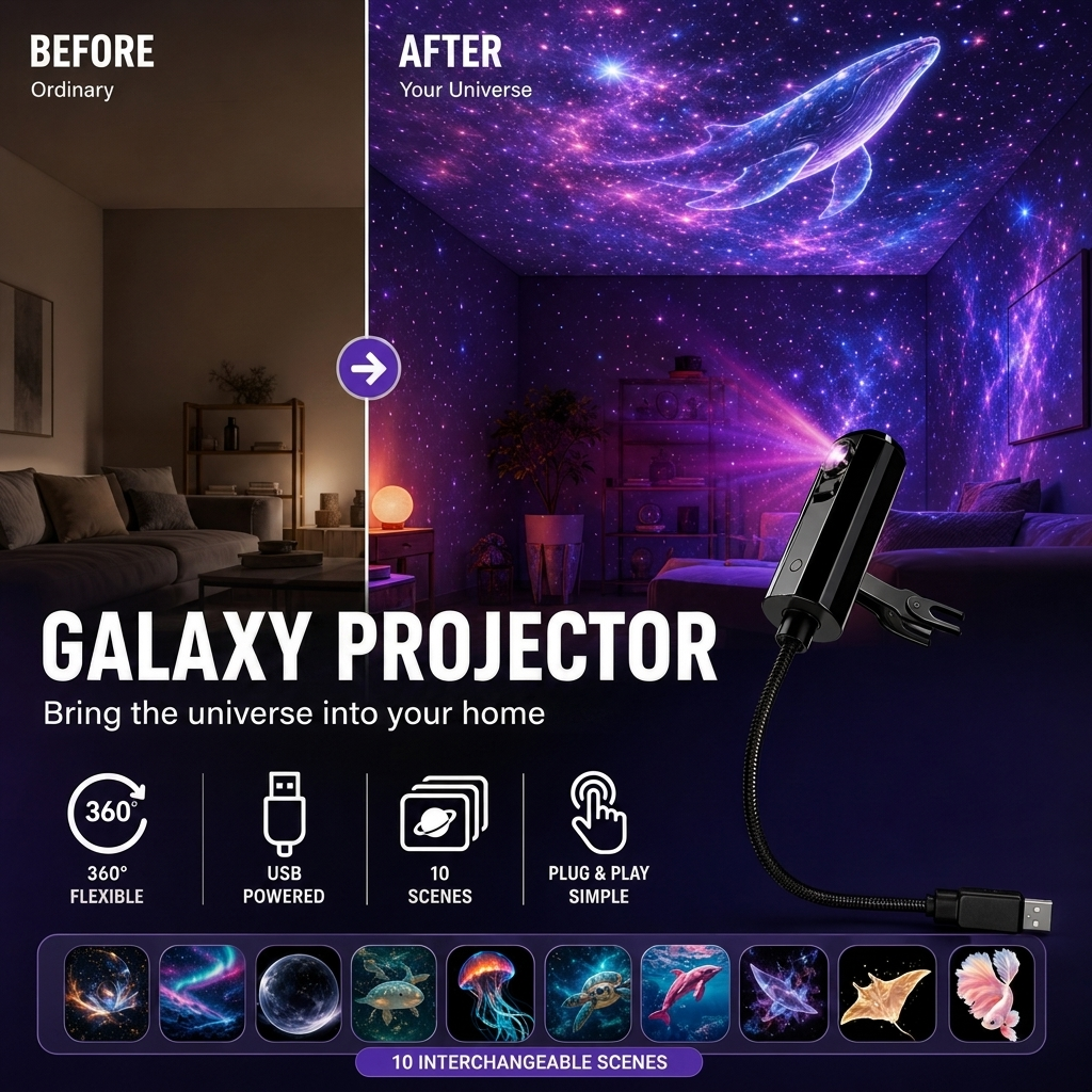 Star Projector USB – LED Galaxy Lamp with 10 Interchangeable Discs