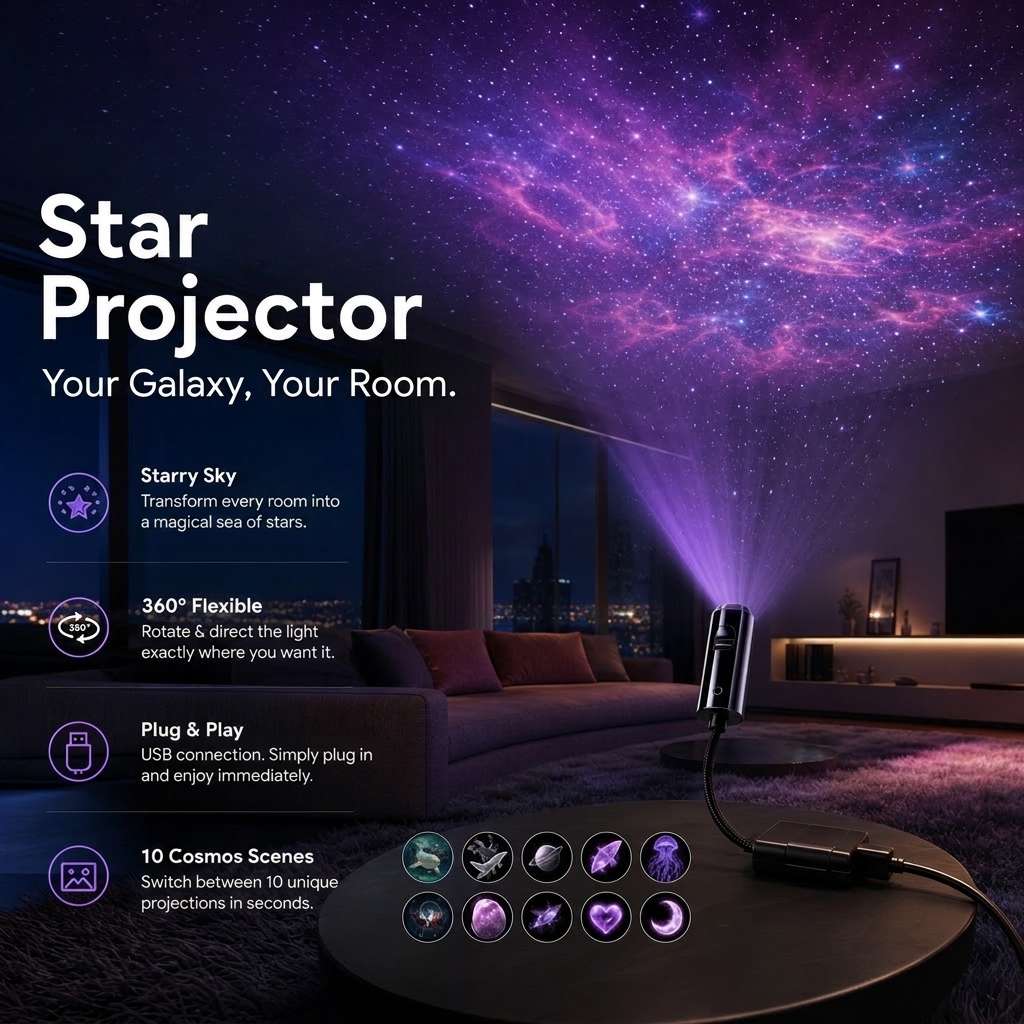 Star Projector USB – LED Galaxy Lamp with 10 Interchangeable Discs