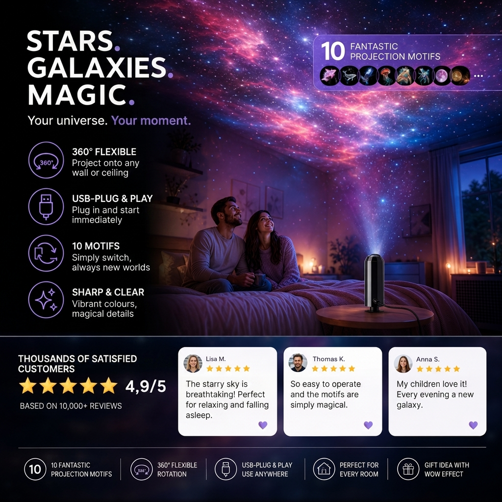 Star Projector USB – LED Galaxy Lamp with 10 Interchangeable Discs