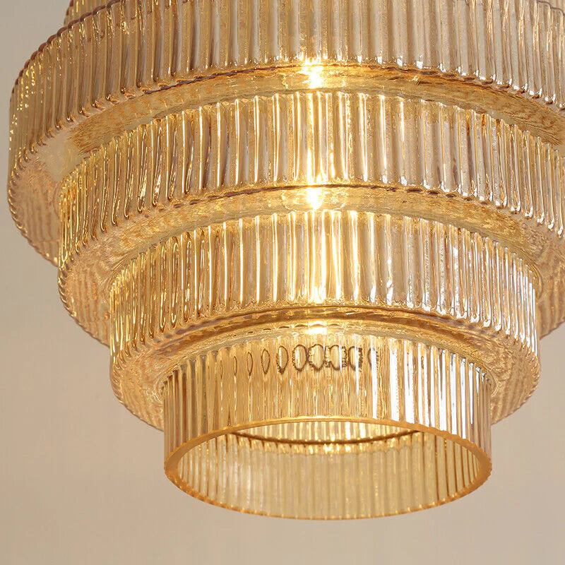 Ribbed Glass Pendant Light – Tiered Hanging Ceiling Lamp with Brass-Tone Finish