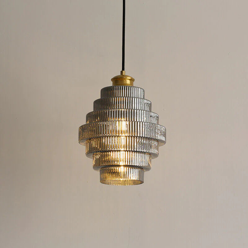 Ribbed Glass Pendant Light – Tiered Hanging Ceiling Lamp with Brass-Tone Finish