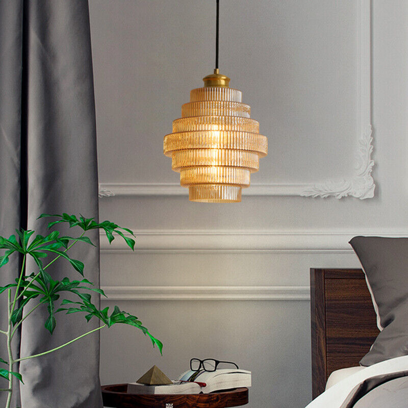 Ribbed Glass Pendant Light – Tiered Hanging Ceiling Lamp with Brass-Tone Finish